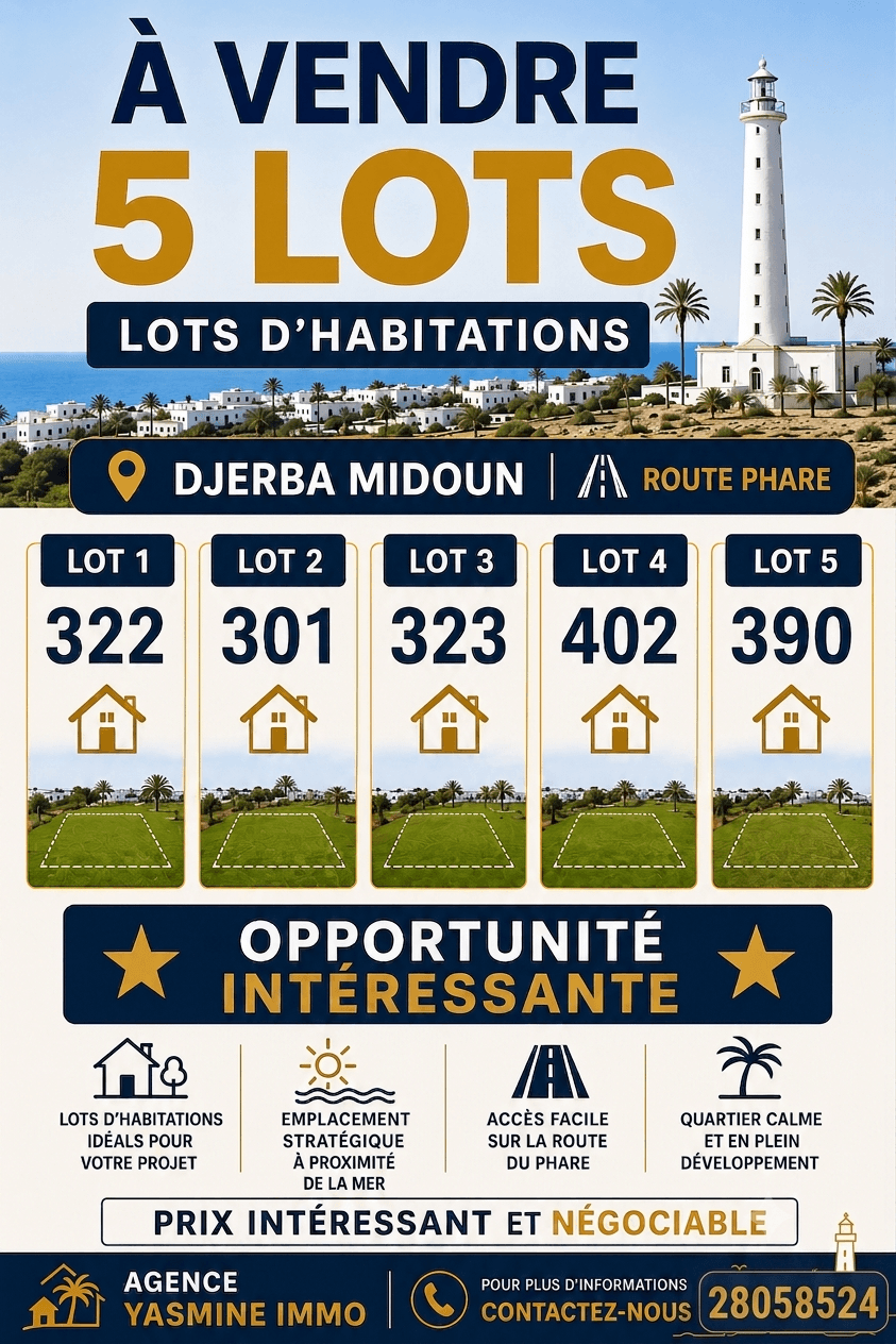 5 lots d'habitations — façade — terrain à Midoun